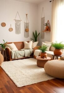 bohemian neutral living room styling