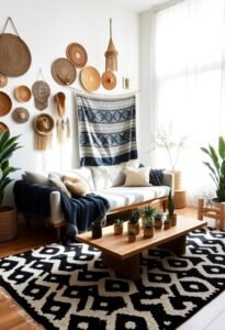 monochrome bohemian living room