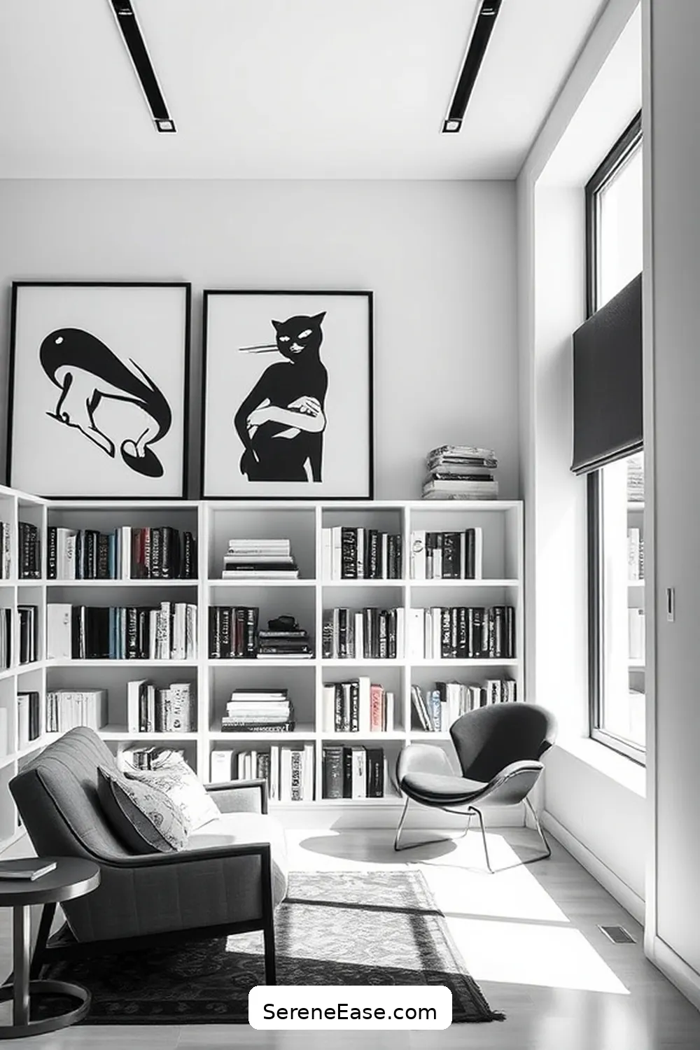 15 Ways to Achieve Black and White Scandinavian Style in Your Library 12 Choose Black and White Artwork for 15 Ways to Achieve Black and White Scandinavian Style in Your Library