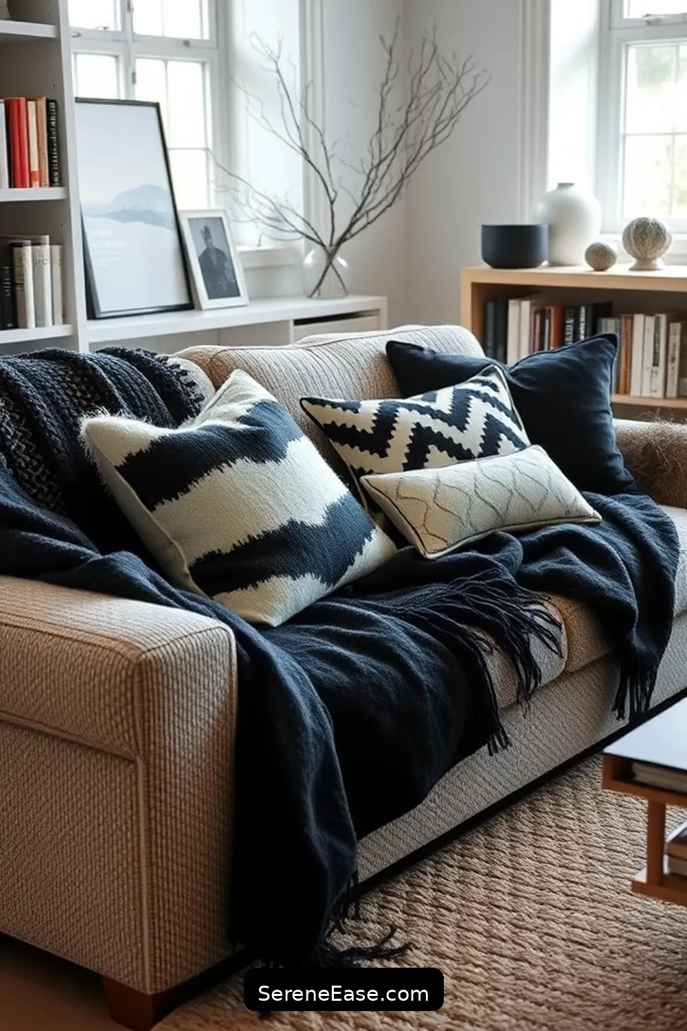 15 Ways to Achieve Black and White Scandinavian Style in Your Library 9 Layer Textures With Throws and Cushions for 15 Ways to Achieve Black and White Scandinavian Style in Your Library