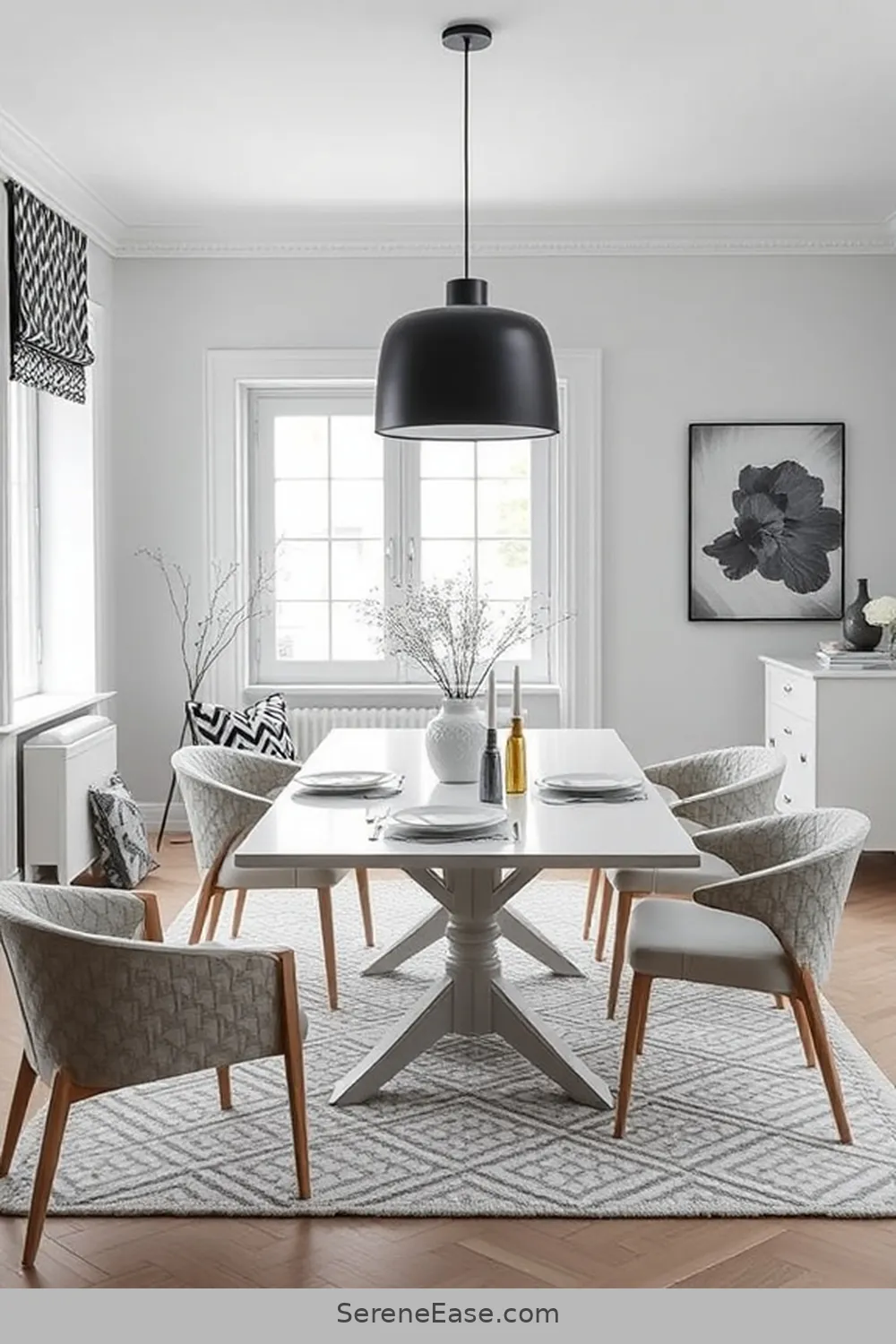 15 Ways to Achieve Monochromatic Scandinavian Style in Your Dining Room 7 Use Geometric Patterns for 15 Ways to Achieve Monochromatic Scandinavian Style in Your Dining Room