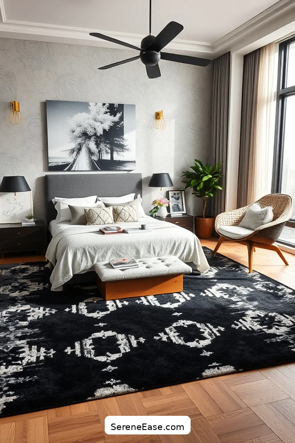 15 Ways to Incorporate Black and White in a Mid-Century Modern Bedroom Style 7 Add Accent Rugs for 15 Ways to Incorporate Black and White in a Mid-Century Modern Bedroom Style