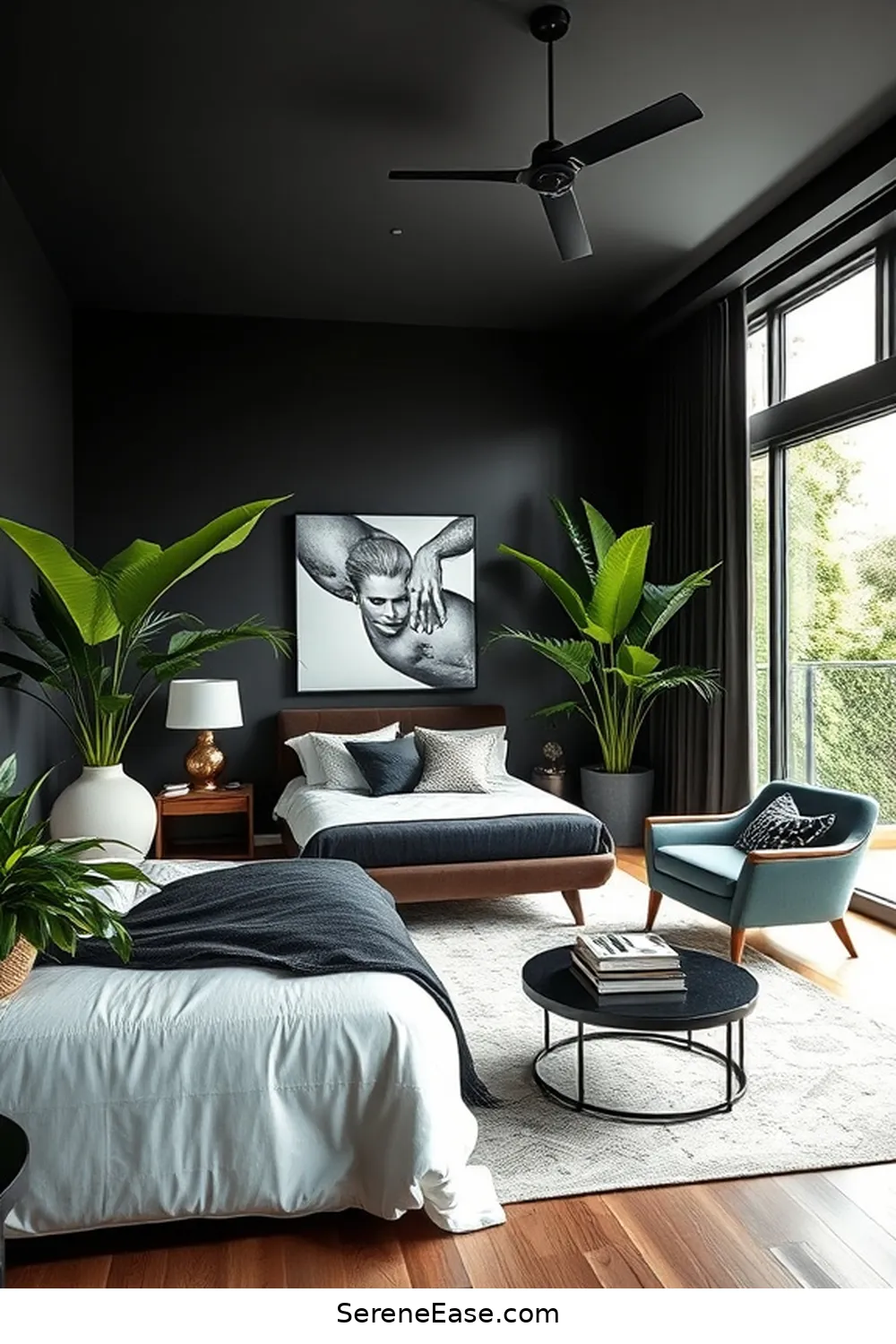15 Ways to Incorporate Black and White in a Mid-Century Modern Bedroom Style 16 Balance With Greenery for 15 Ways to Incorporate Black and White in a Mid-Century Modern Bedroom Style