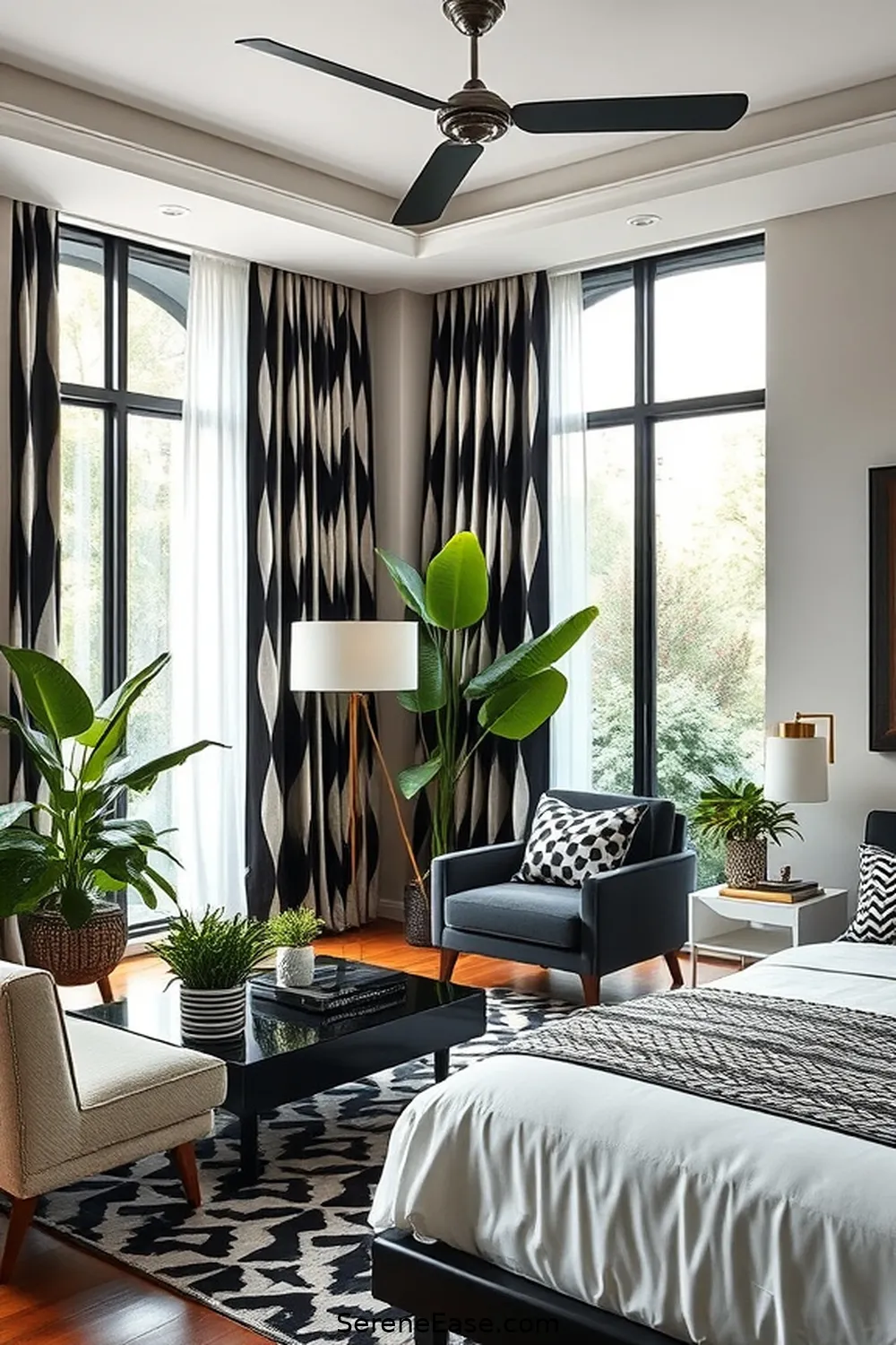 15 Ways to Incorporate Black and White in a Mid-Century Modern Bedroom Style 14 Choose Bold Curtains for 15 Ways to Incorporate Black and White in a Mid-Century Modern Bedroom Style