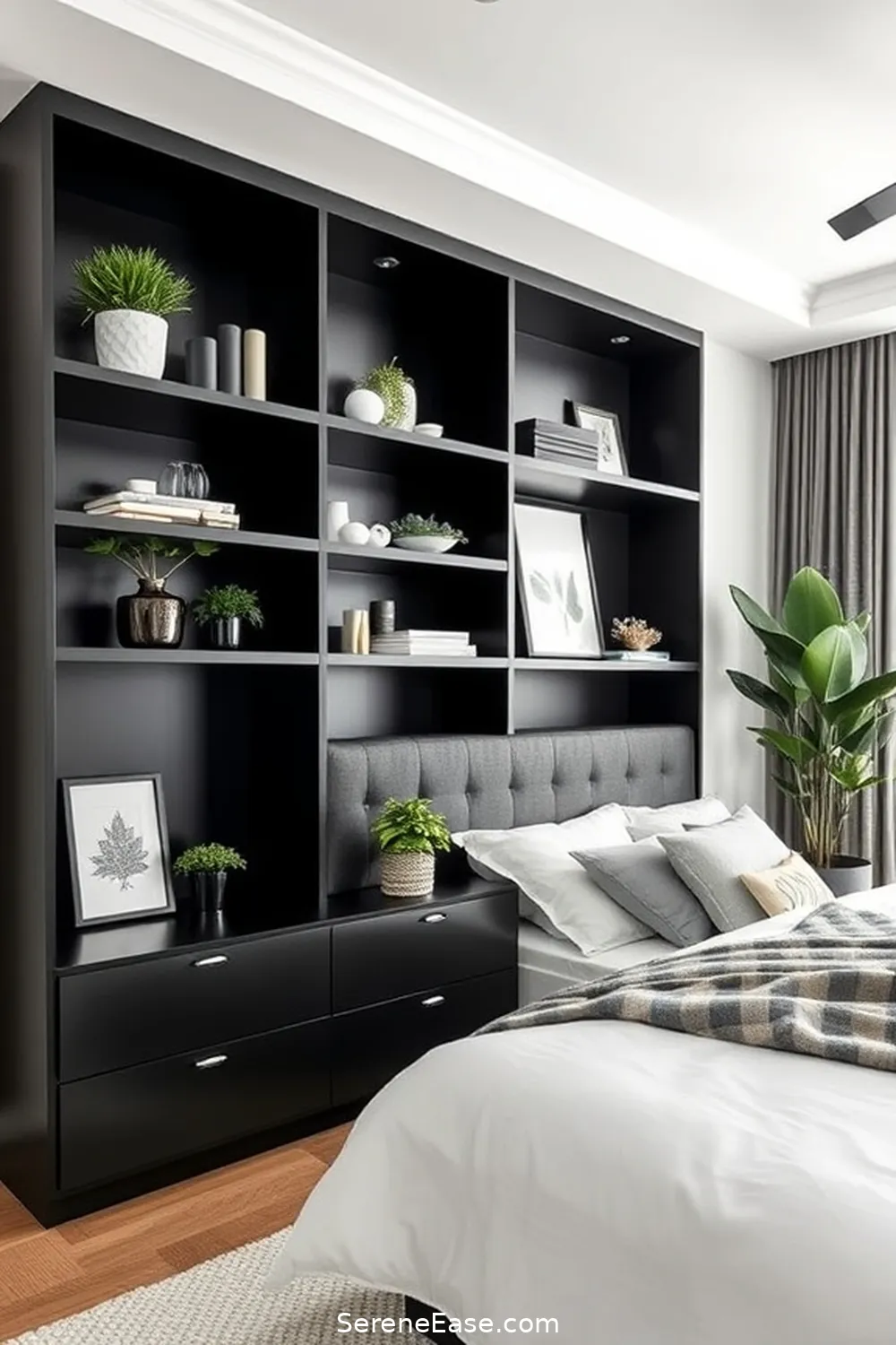 15 Ways to Incorporate Black and White in a Mid-Century Modern Bedroom Style 12 Embrace Open Shelving for 15 Ways to Incorporate Black and White in a Mid-Century Modern Bedroom Style