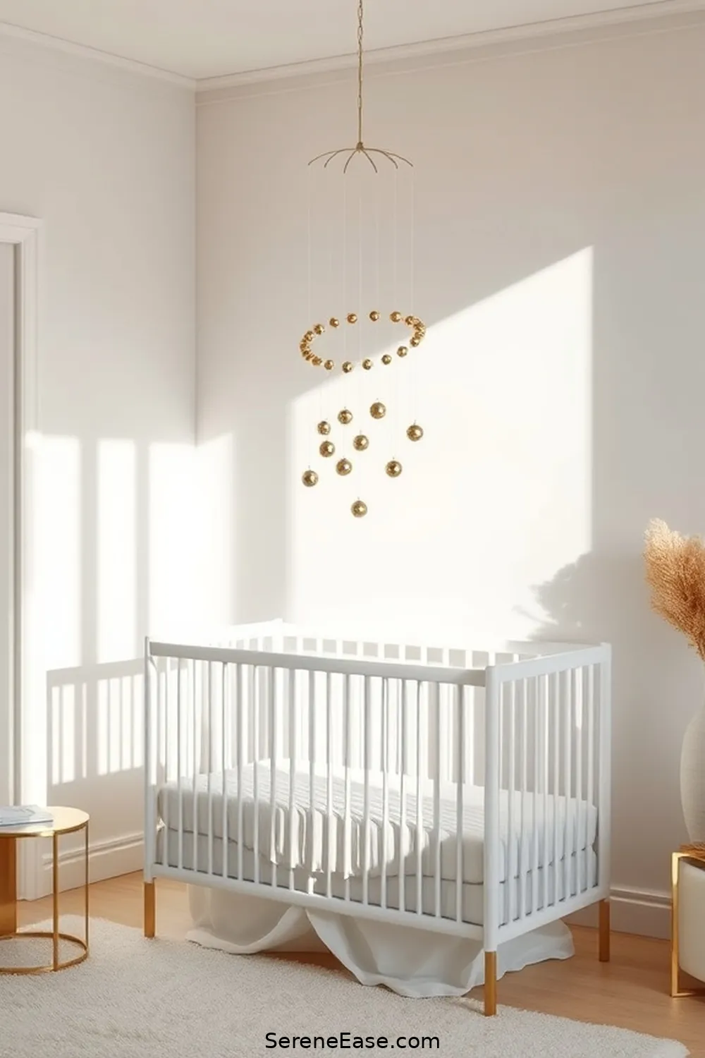 Add a Metallic Mobile for 15 Ways to Incorporate Metallic Accents in Minimalist Nursery Style