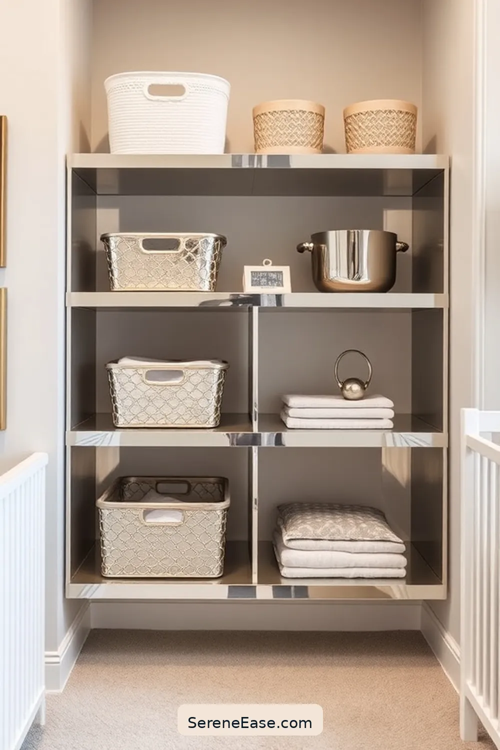 Incorporate Metallic Storage Solutions for 15 Ways to Incorporate Metallic Accents in Minimalist Nursery Style