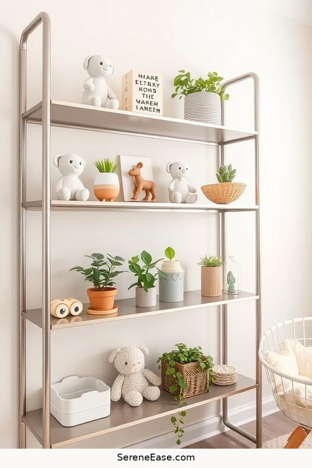 Integrate Metallic Shelving for 15 Ways to Incorporate Metallic Accents in Minimalist Nursery Style