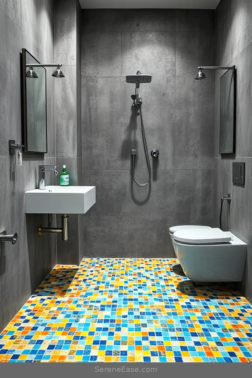 15 Ways to Infuse Bold and Bright Colors in Your Industrial Style Bathroom 2 Brightly Colored Tiles for a Statement Floor for 15 Ways to Infuse Bold and Bright Colors in Your Industrial Style Bathroom