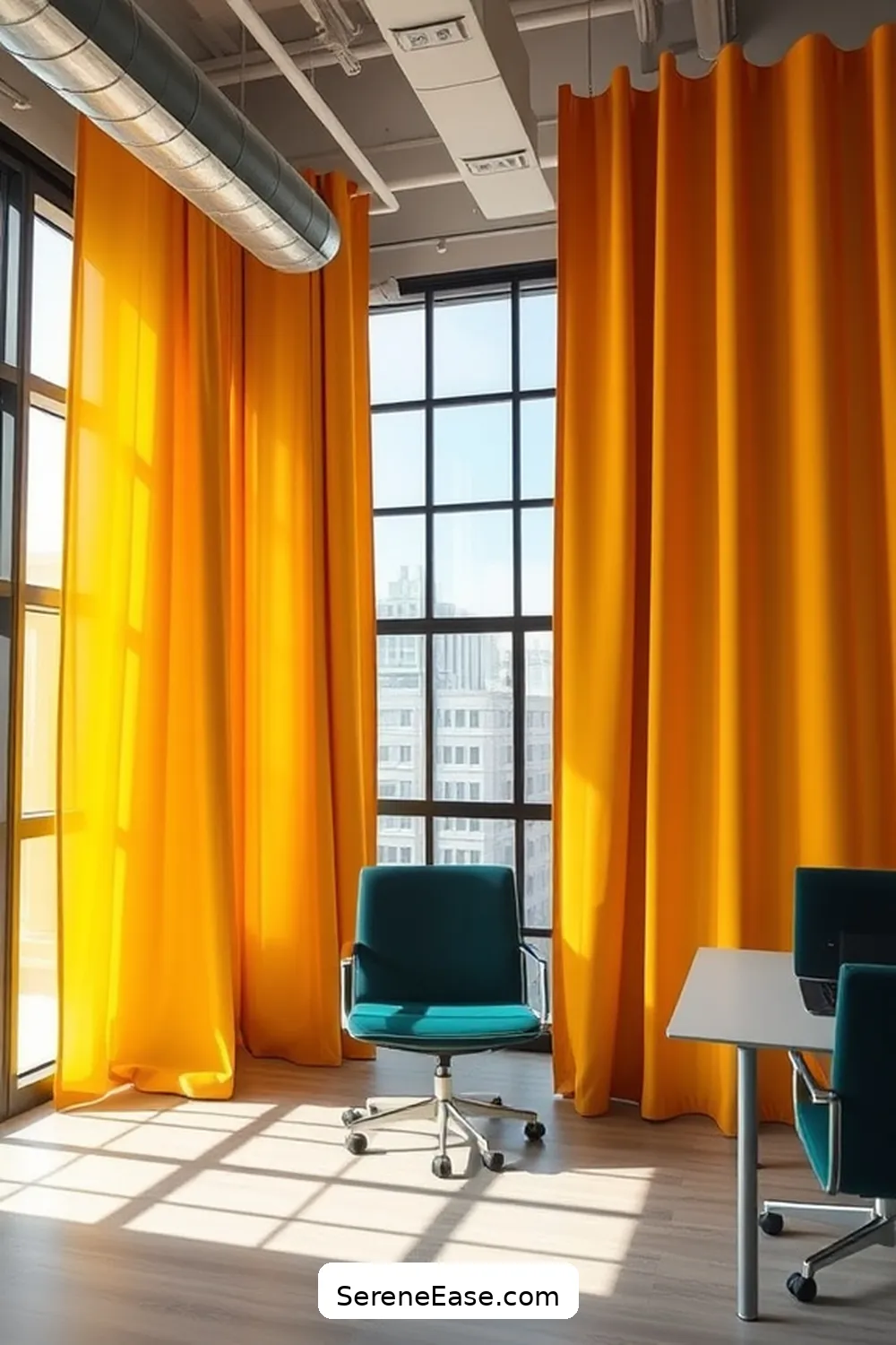 15 Ways to Infuse Bold and Bright Colors in Your Industrial-Style Home Office 7 Opt for Bold Curtains for 15 Ways to Infuse Bold and Bright Colors in Your Industrial-Style Home Office