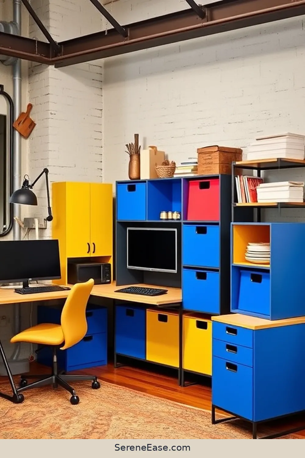 15 Ways to Infuse Bold and Bright Colors in Your Industrial-Style Home Office 13 Use Bright Storage Solutions for 15 Ways to Infuse Bold and Bright Colors in Your Industrial-Style Home Office