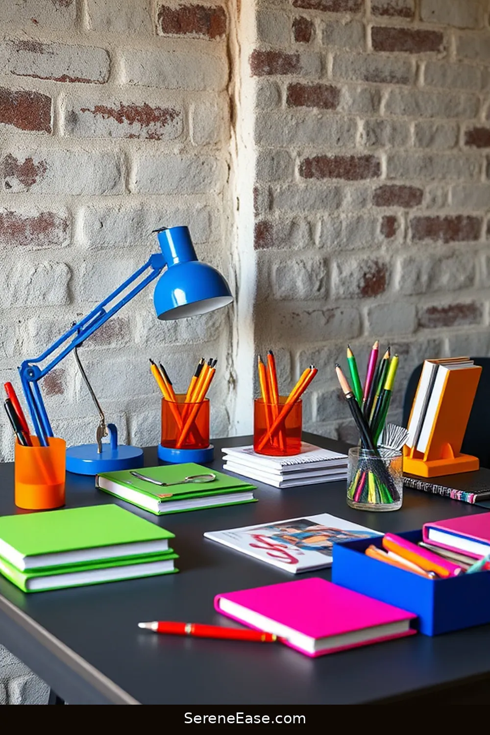 15 Ways to Infuse Bold and Bright Colors in Your Industrial-Style Home Office 5 Use Vibrant Desk Accessories for 15 Ways to Infuse Bold and Bright Colors in Your Industrial-Style Home Office
