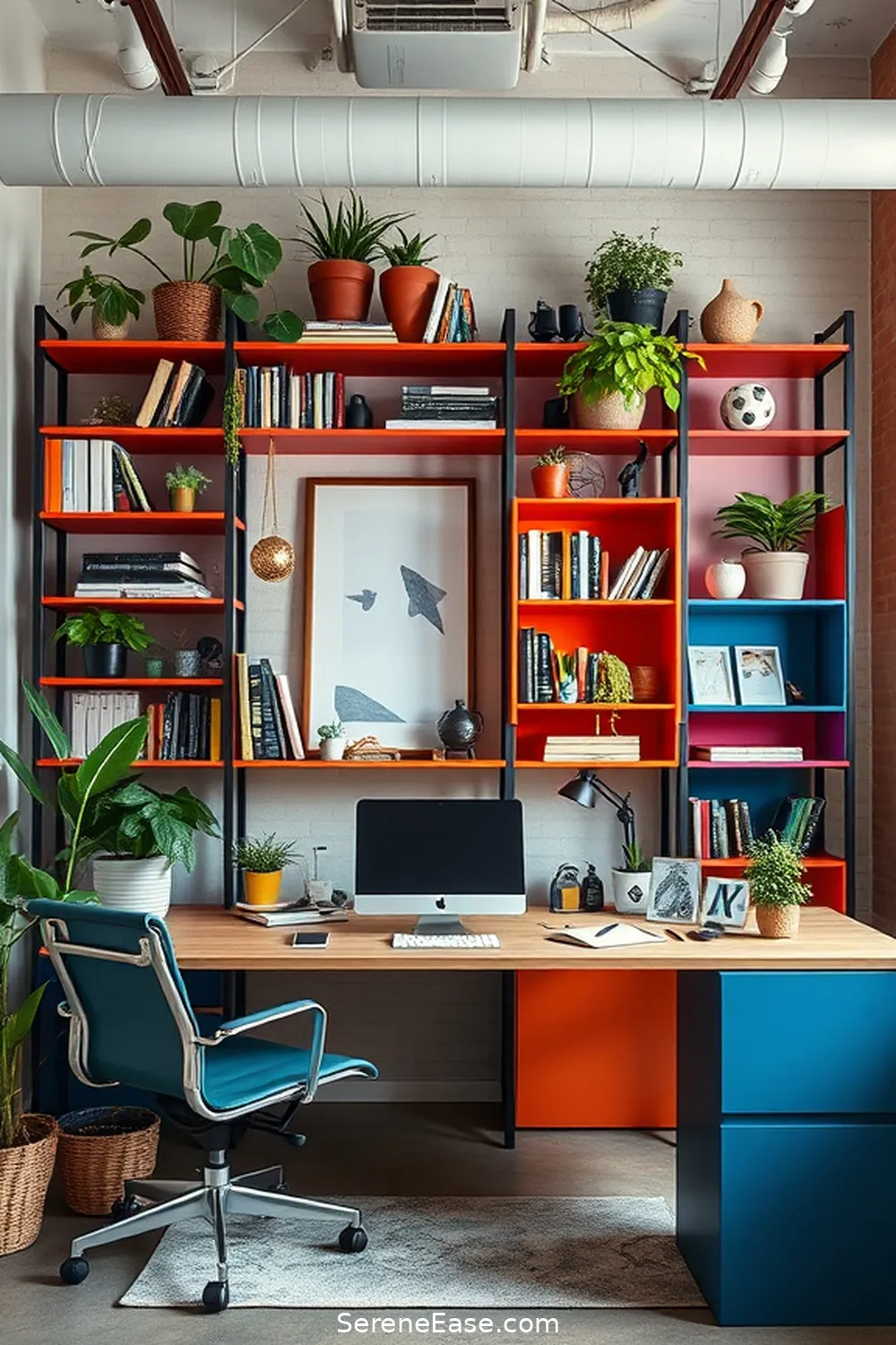 15 Ways to Infuse Bold and Bright Colors in Your Industrial-Style Home Office 11 Utilize Colorful Shelving Units for 15 Ways to Infuse Bold and Bright Colors in Your Industrial-Style Home Office