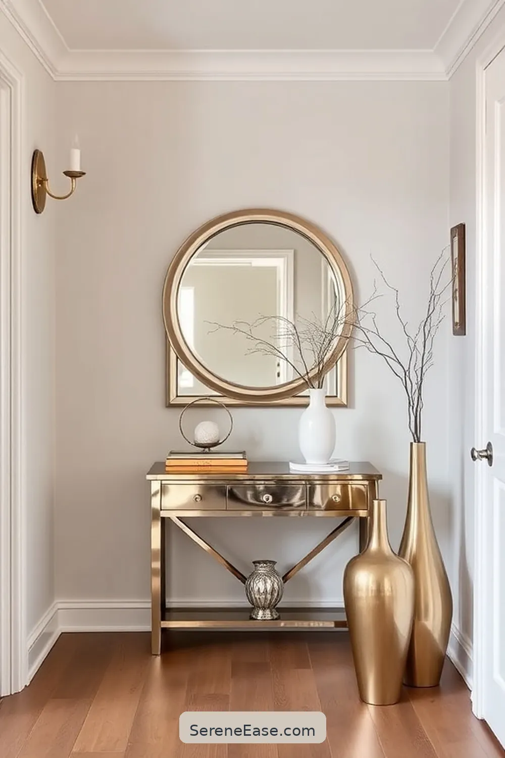 15 Ways to Style Metallic Accents in a Modern Farmhouse Hallway 9 Implement Metallic Accessories for 15 Ways to Style Metallic Accents in a Modern Farmhouse Hallway