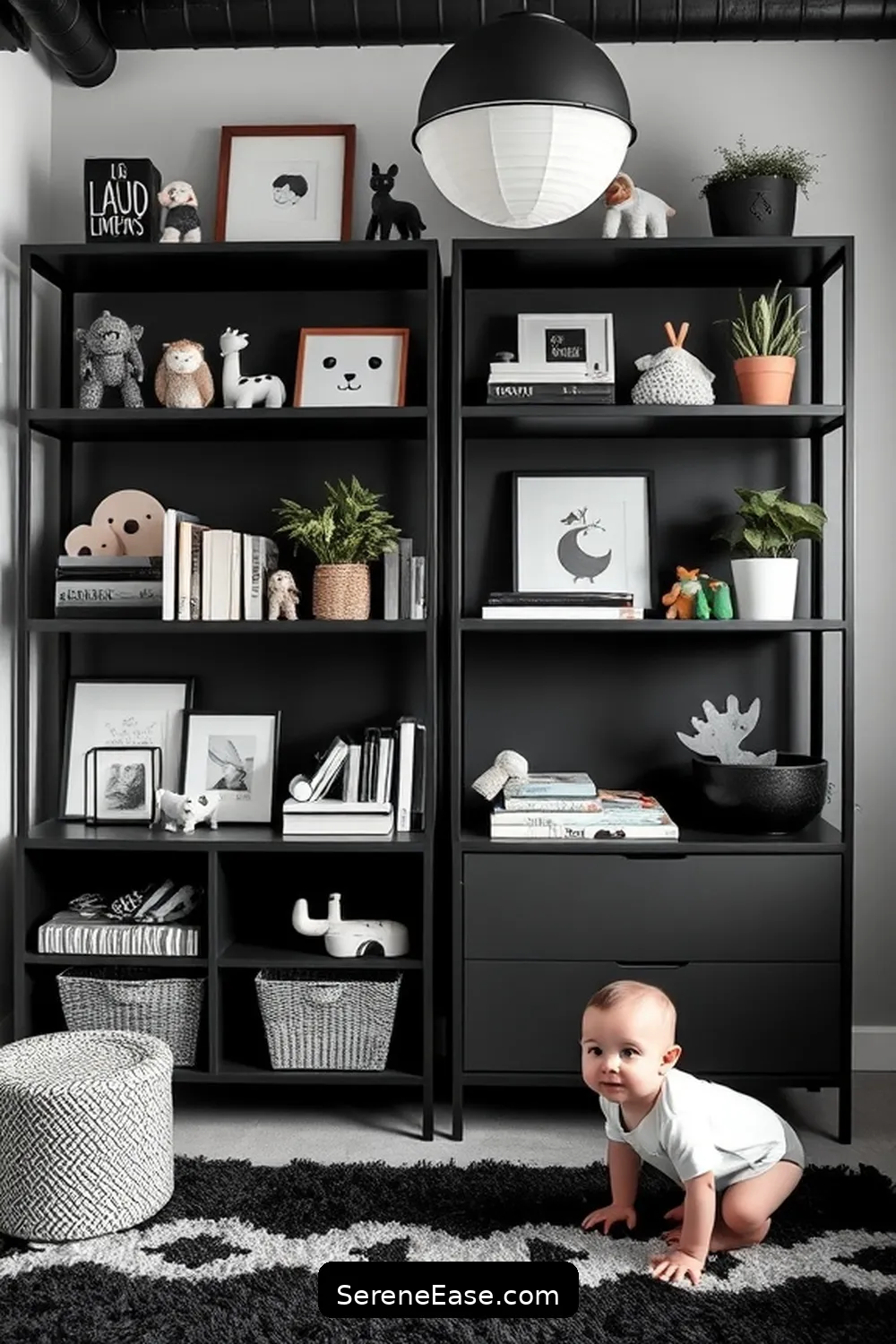 16 Chic Ideas for a Black and White Industrial Style Nursery 11 Utilize Open Shelving for 16 Chic Ideas for a Black and White Industrial Style Nursery