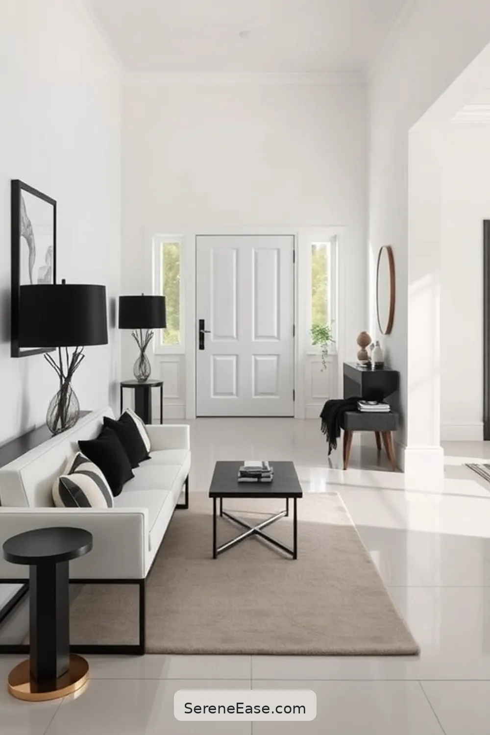 16 Inspiring Black and White Minimalist Style Entryway Designs 14 Functional Seating for 16 Inspiring Black and White Minimalist Style Entryway Designs