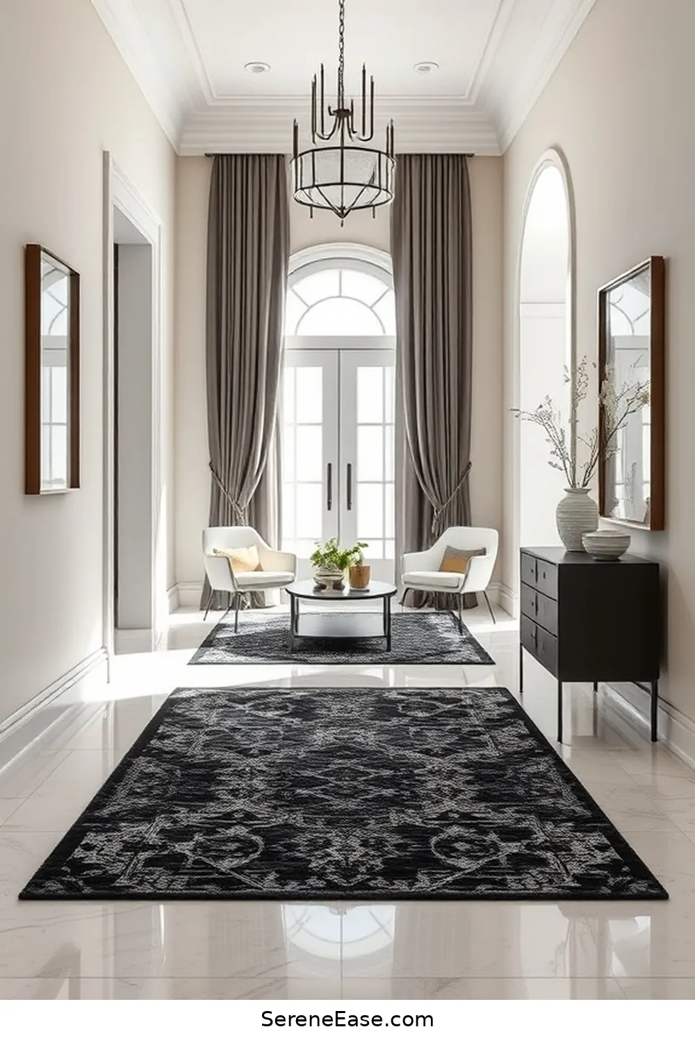 16 Inspiring Black and White Minimalist Style Entryway Designs 11 Layered Rugs for 16 Inspiring Black and White Minimalist Style Entryway Designs