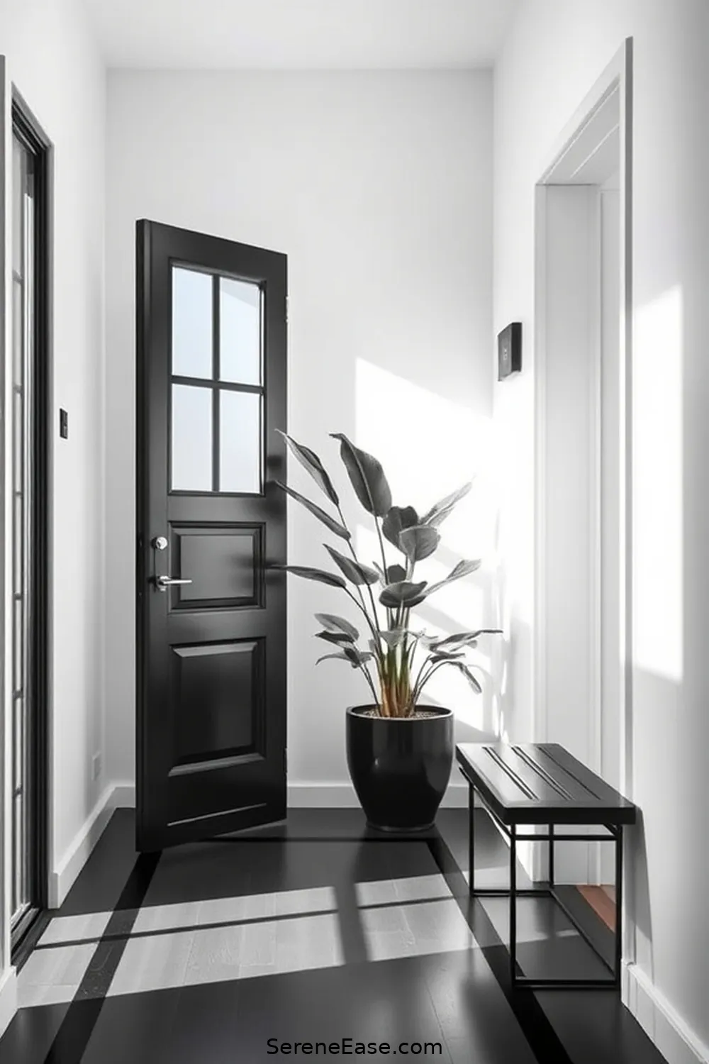 16 Inspiring Black and White Minimalist Style Entryway Designs 12 Potted Greenery for 16 Inspiring Black and White Minimalist Style Entryway Designs