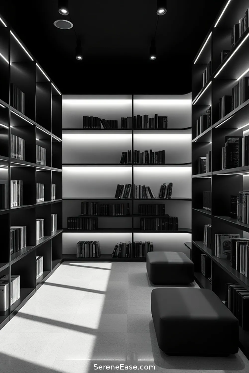 16 Stunning Black and White Minimalist Style Library Designs 11 Innovative Shelving Solutions in Monochrome for 16 Stunning Black and White Minimalist Style Library Designs