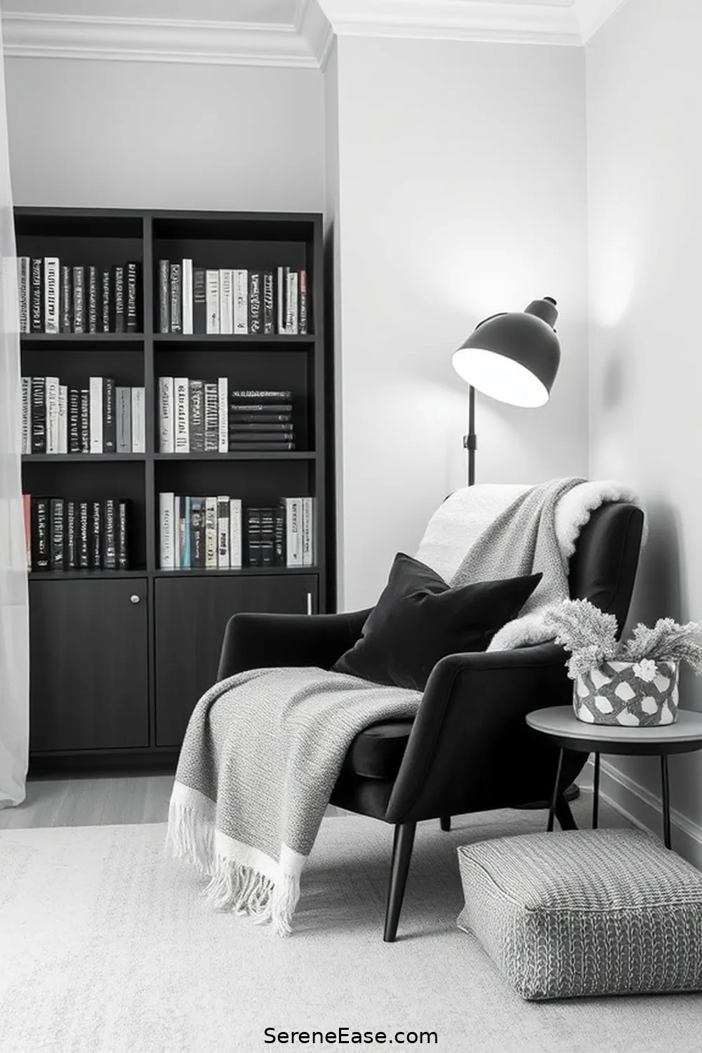 16 Stunning Black and White Minimalist Style Library Designs 6 The Cozy Nook: A Reading Retreat in Black and White for 16 Stunning Black and White Minimalist Style Library Designs