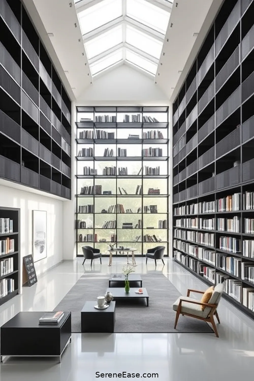16 Stunning Black and White Minimalist Style Library Designs 10 The Open Concept: Embracing Space and Silence for 16 Stunning Black and White Minimalist Style Library Designs