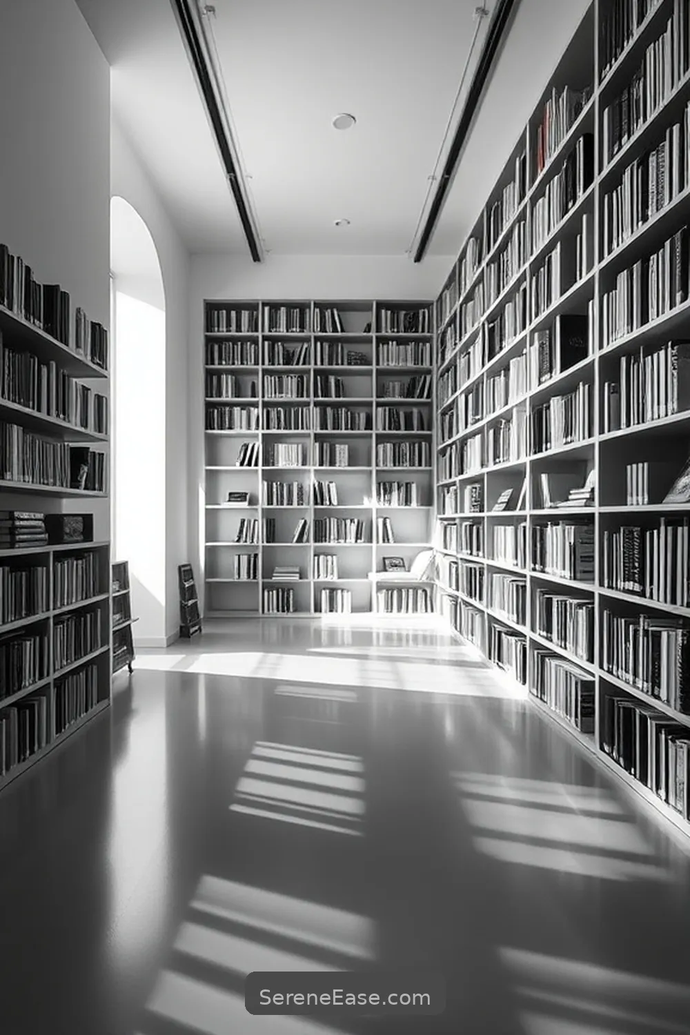 16 Stunning Black and White Minimalist Style Library Designs 13 The Play of Shadows: Lighting in Black and White Designs for 16 Stunning Black and White Minimalist Style Library Designs