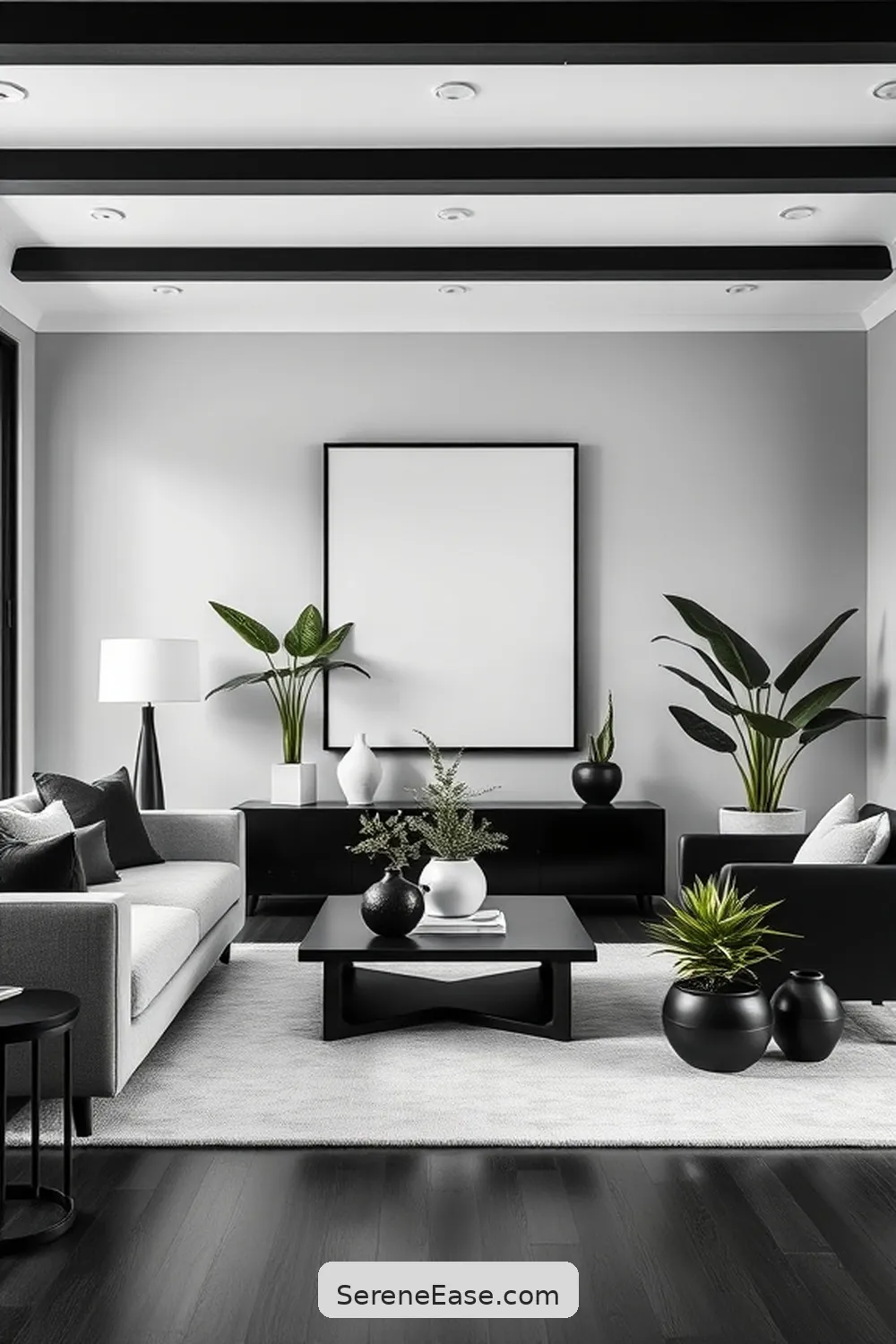16 Stunning Black and White Minimalist Style Living Room Ideas 10 Add Greenery With Simple Plant Displays for 16 Stunning Black and White Minimalist Style Living Room Ideas