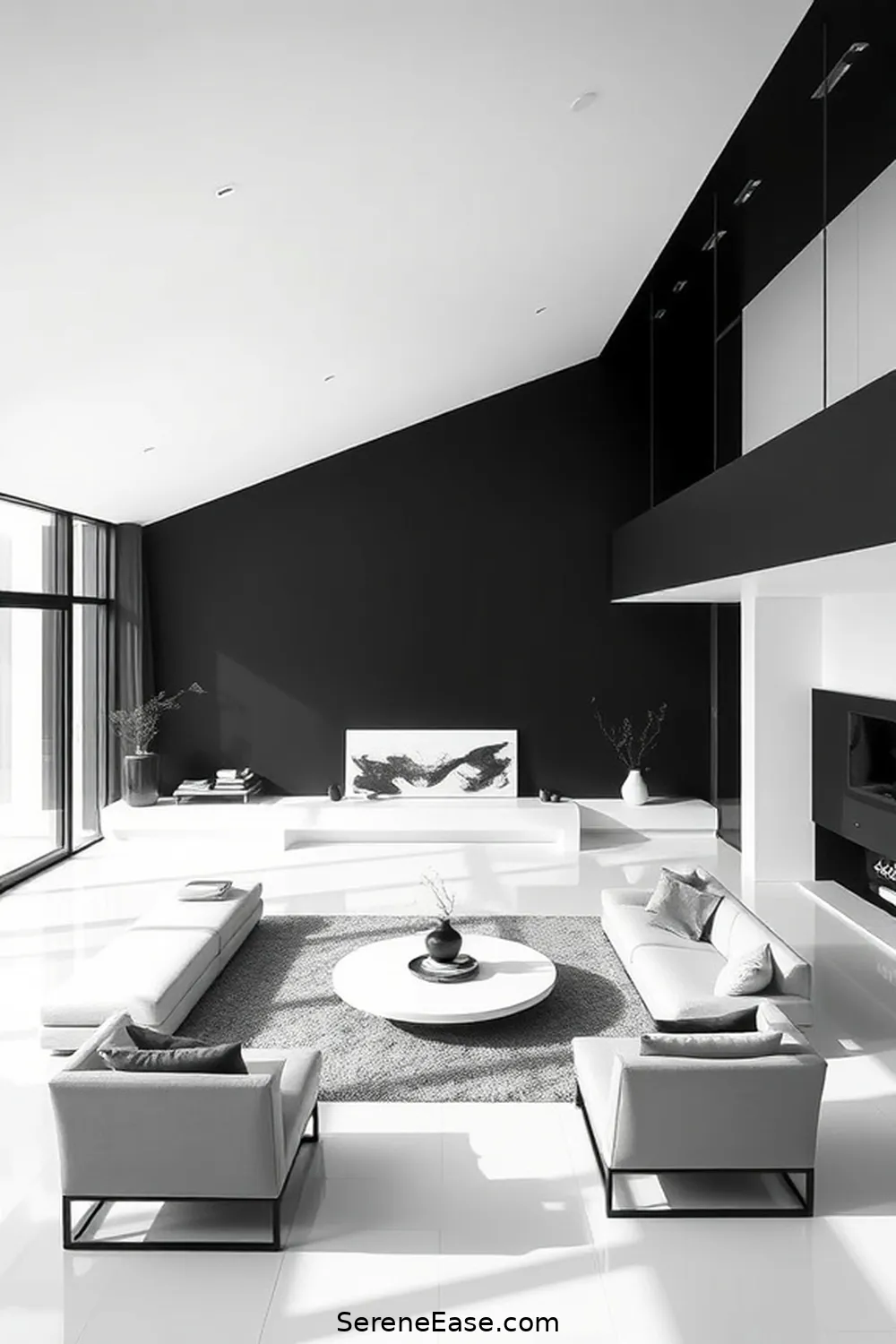 16 Stunning Black and White Minimalist Style Living Room Ideas 14 Highlight Architectural Features for 16 Stunning Black and White Minimalist Style Living Room Ideas