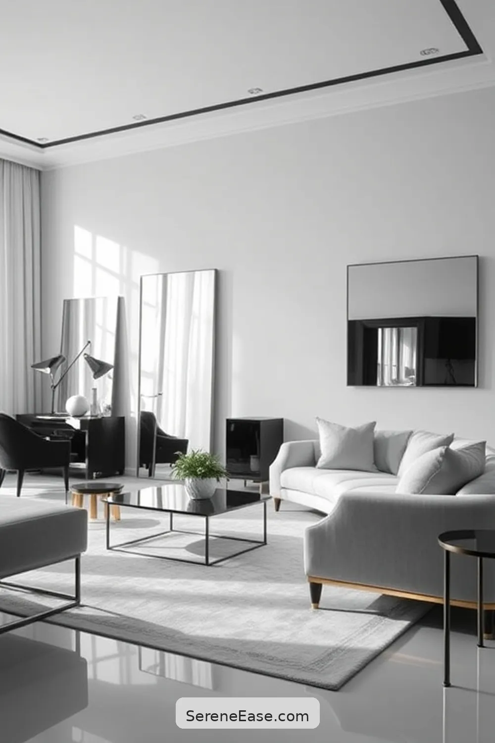 16 Stunning Black and White Minimalist Style Living Room Ideas 15 Use Mirrors to Enhance Light for 16 Stunning Black and White Minimalist Style Living Room Ideas