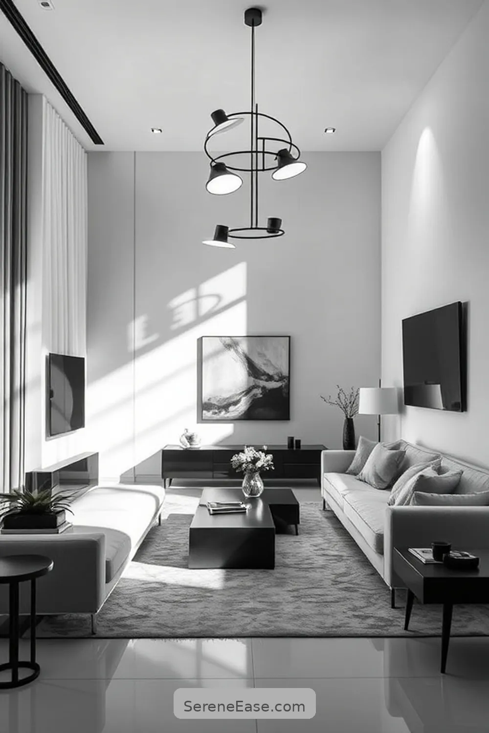 16 Stunning Black and White Minimalist Style Living Room Ideas 4 Use Statement Lighting Fixtures for 16 Stunning Black and White Minimalist Style Living Room Ideas