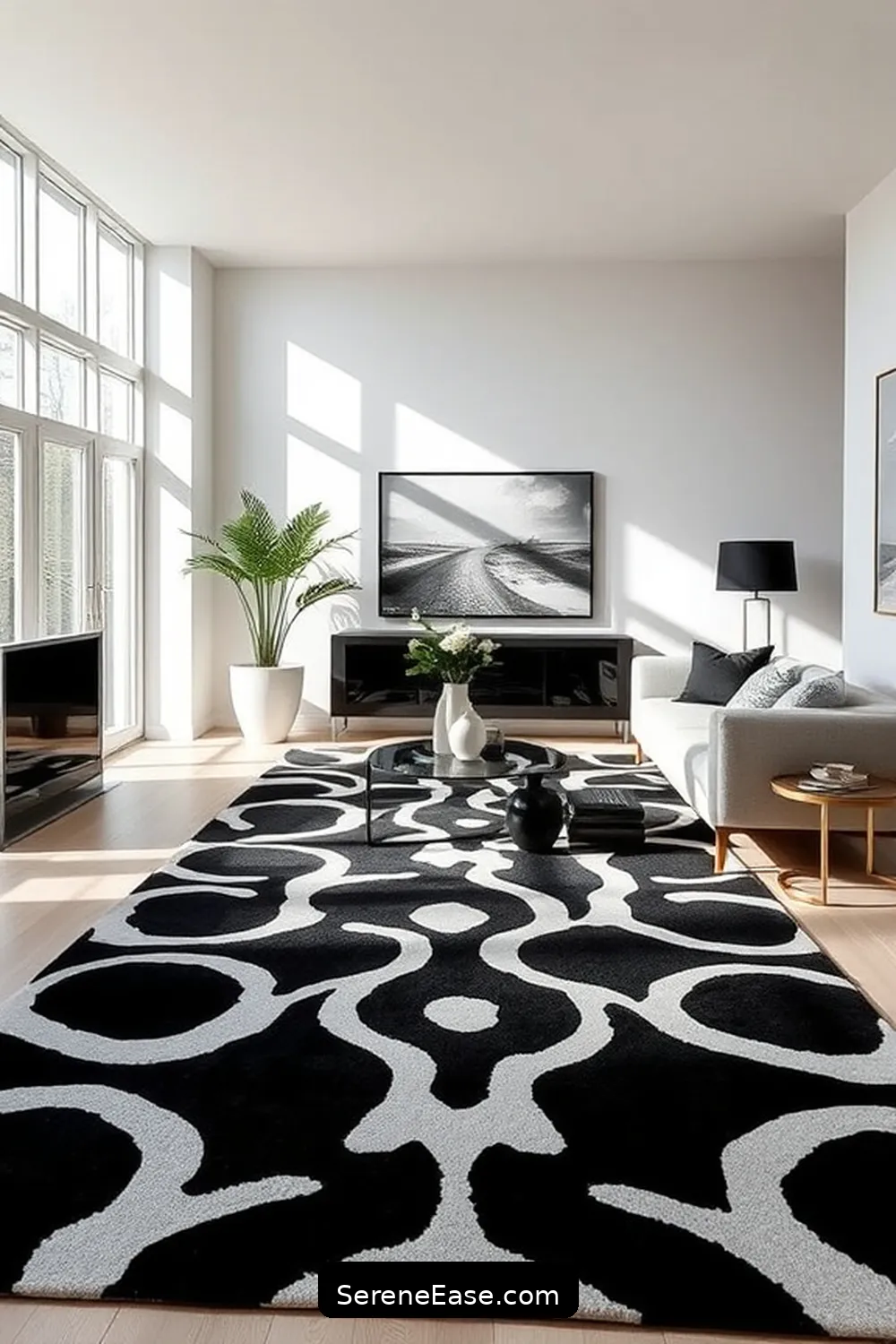 16 Stunning Black and White Minimalist Style Living Room Ideas 8 Utilize Black and White Rugs for 16 Stunning Black and White Minimalist Style Living Room Ideas