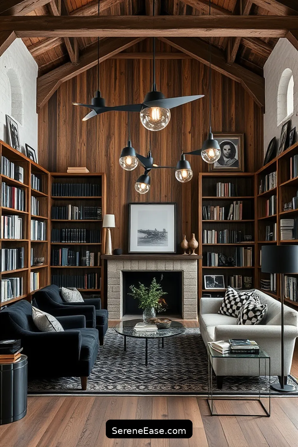 16 Stunning Black and White Rustic Library Designs 9 Statement Lighting in Black and White Spaces for 16 Stunning Black and White Rustic Library Designs