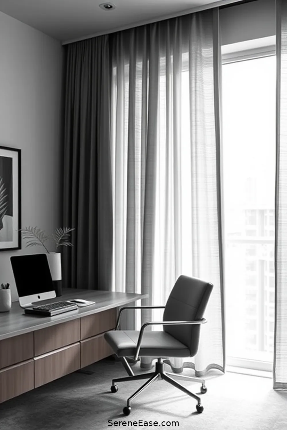 16 Tips for a Monochromatic Home Office in Mid-Century Modern Style 15 Consider Window Treatments for 16 Tips for a Monochromatic Home Office in Mid-Century Modern Style