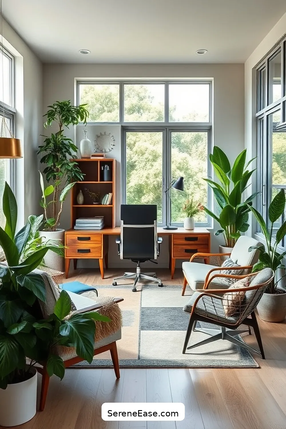 16 Tips for a Monochromatic Home Office in Mid-Century Modern Style 8 Include Greenery for 16 Tips for a Monochromatic Home Office in Mid-Century Modern Style