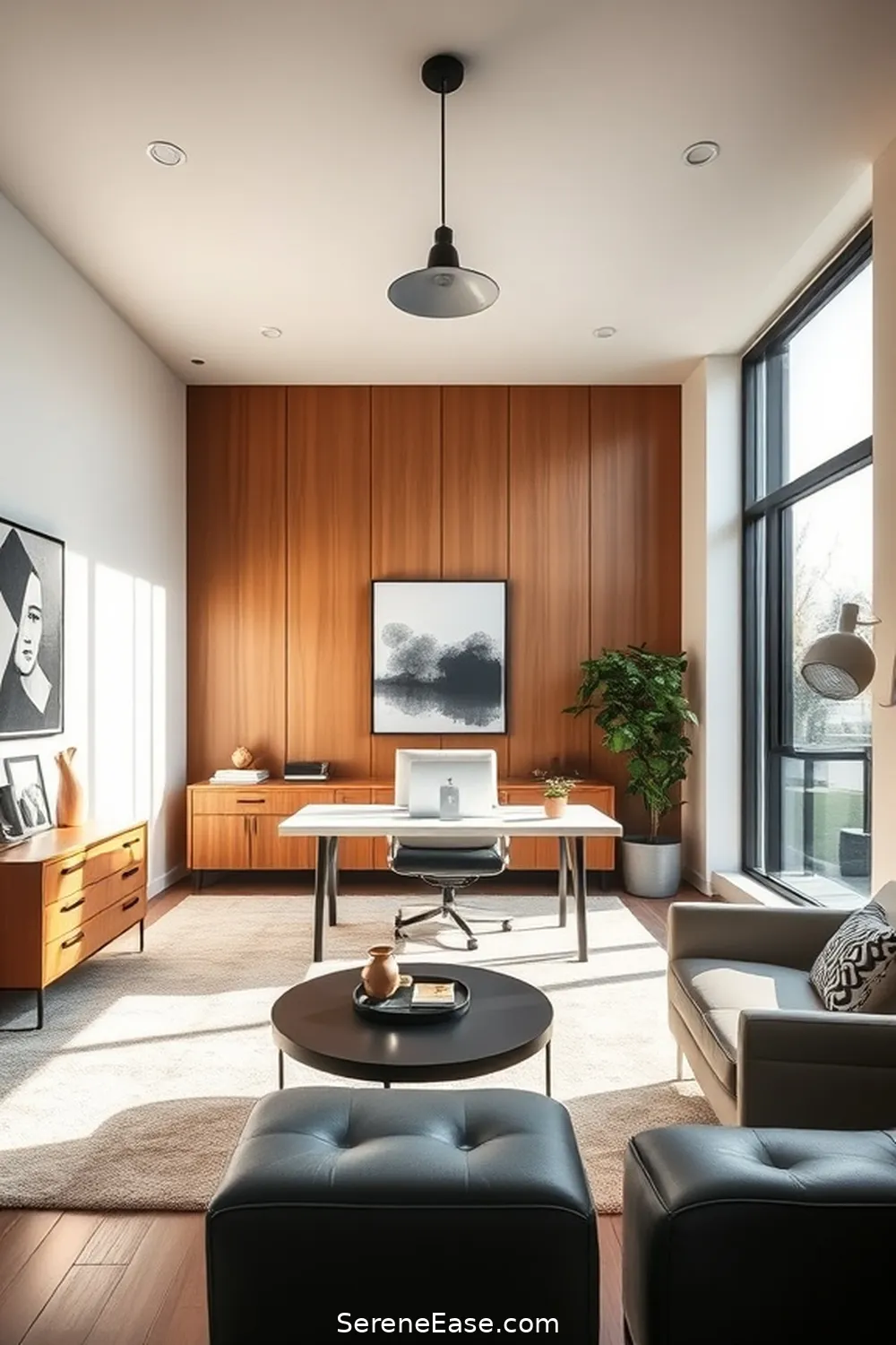 16 Tips for a Monochromatic Home Office in Mid-Century Modern Style 6 Incorporate Statement Lighting for 16 Tips for a Monochromatic Home Office in Mid-Century Modern Style