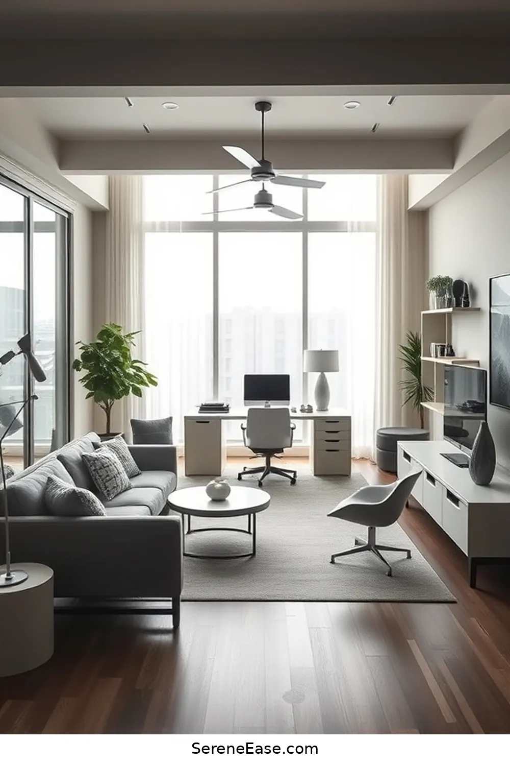 16 Tips for a Monochromatic Home Office in Mid-Century Modern Style 5 Keep the Layout Open for 16 Tips for a Monochromatic Home Office in Mid-Century Modern Style