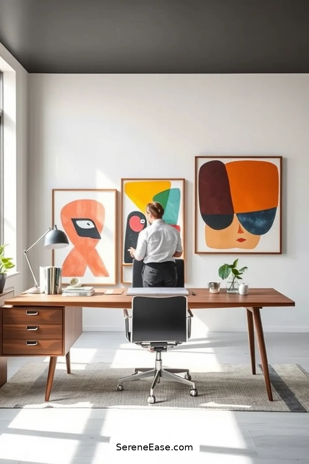 16 Tips for a Monochromatic Home Office in Mid-Century Modern Style 12 Personalize With Art for 16 Tips for a Monochromatic Home Office in Mid-Century Modern Style