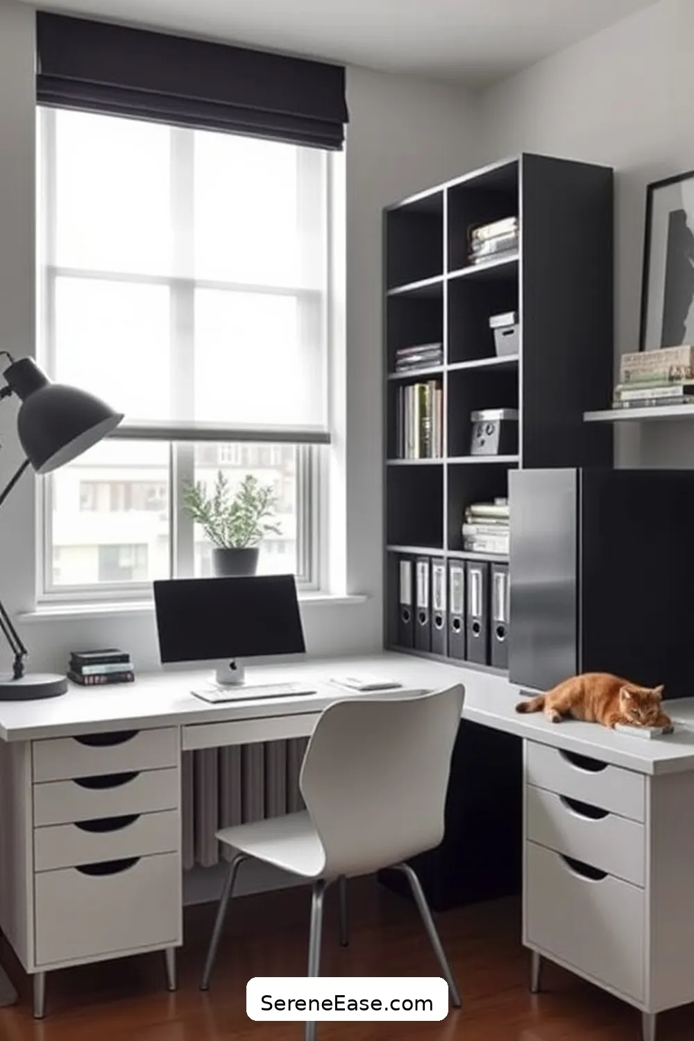 16 Tips for a Monochromatic Home Office in Mid-Century Modern Style 13 Utilize Smart Storage Solutions for 16 Tips for a Monochromatic Home Office in Mid-Century Modern Style