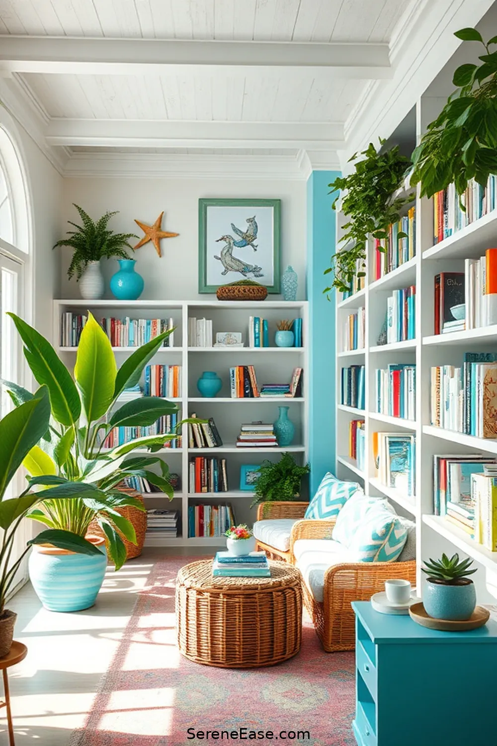 Add Plants for Freshness for 16 Ways to Achieve Bold and Bright Coastal Library Style
