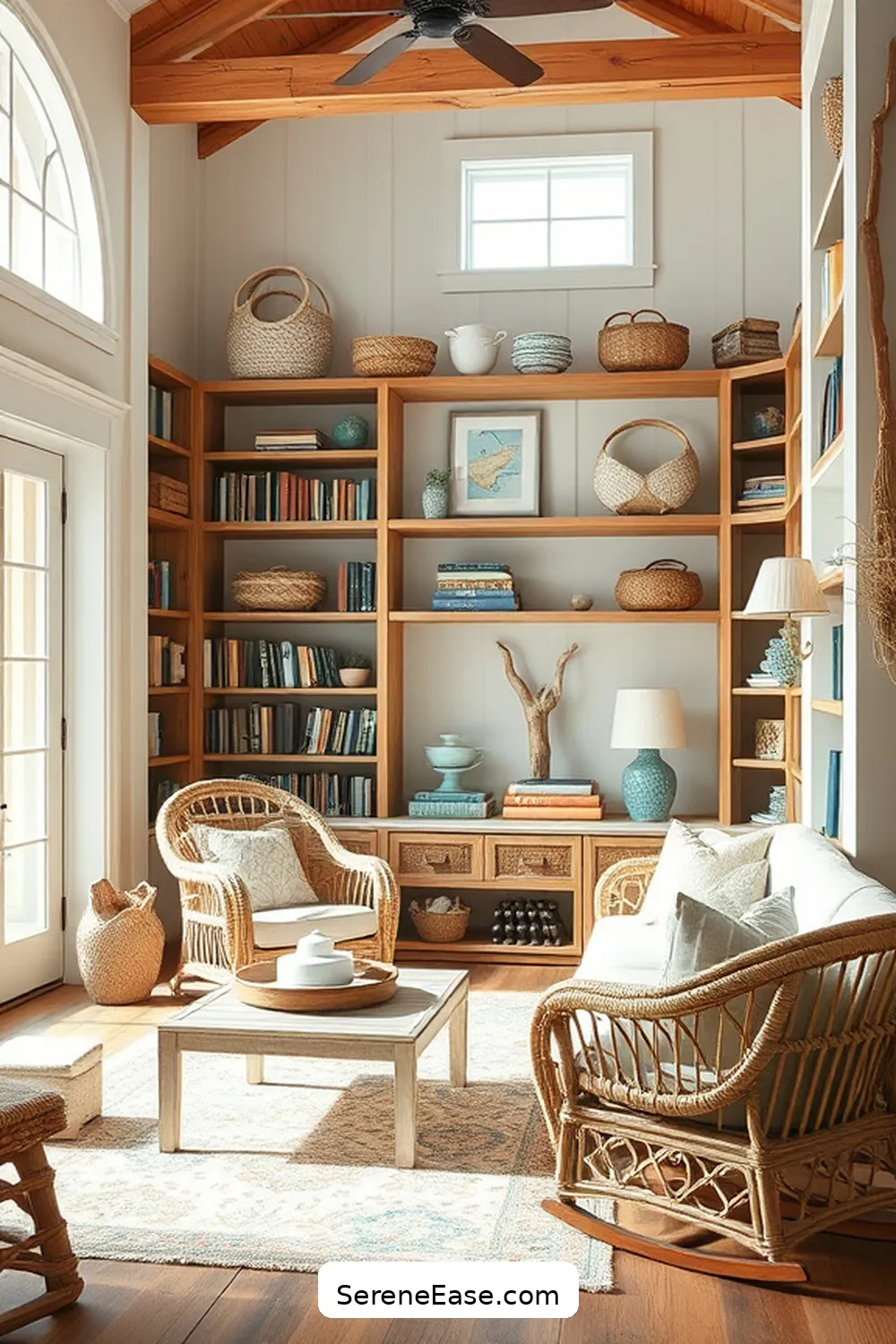 Incorporate Natural Materials for 16 Ways to Achieve Bold and Bright Coastal Library Style