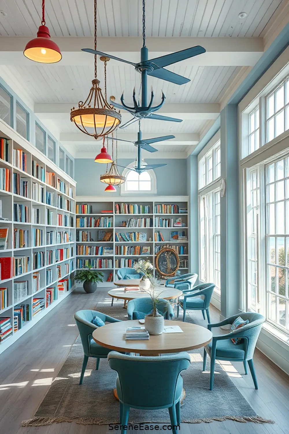 Incorporate Nautical Lighting Fixtures for 16 Ways to Achieve Bold and Bright Coastal Library Style