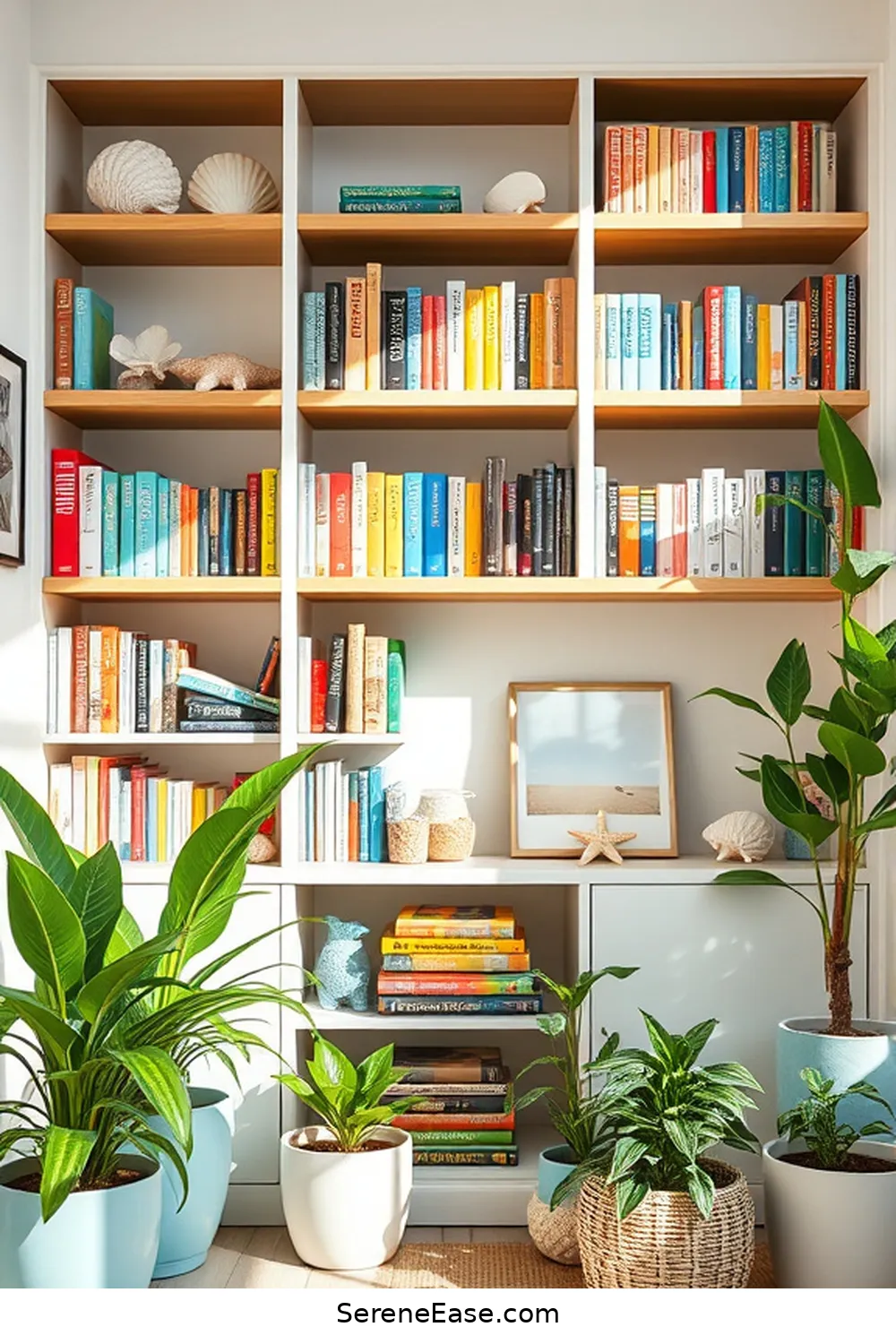 Install Open Shelving for 16 Ways to Achieve Bold and Bright Coastal Library Style