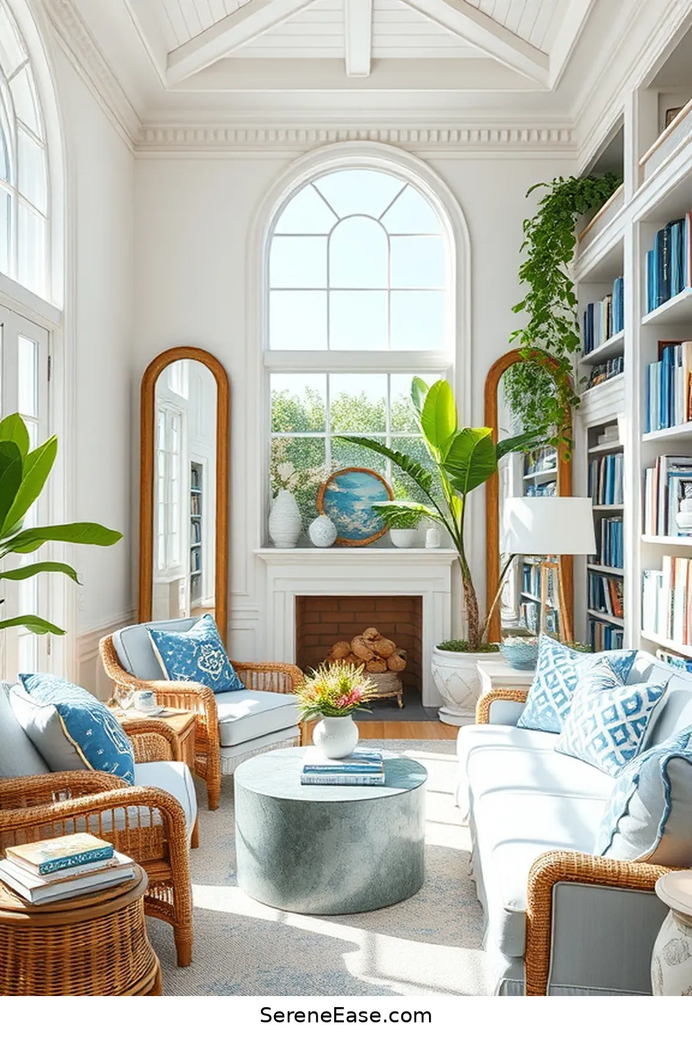 Use Mirrors to Reflect Light for 16 Ways to Achieve Bold and Bright Coastal Library Style