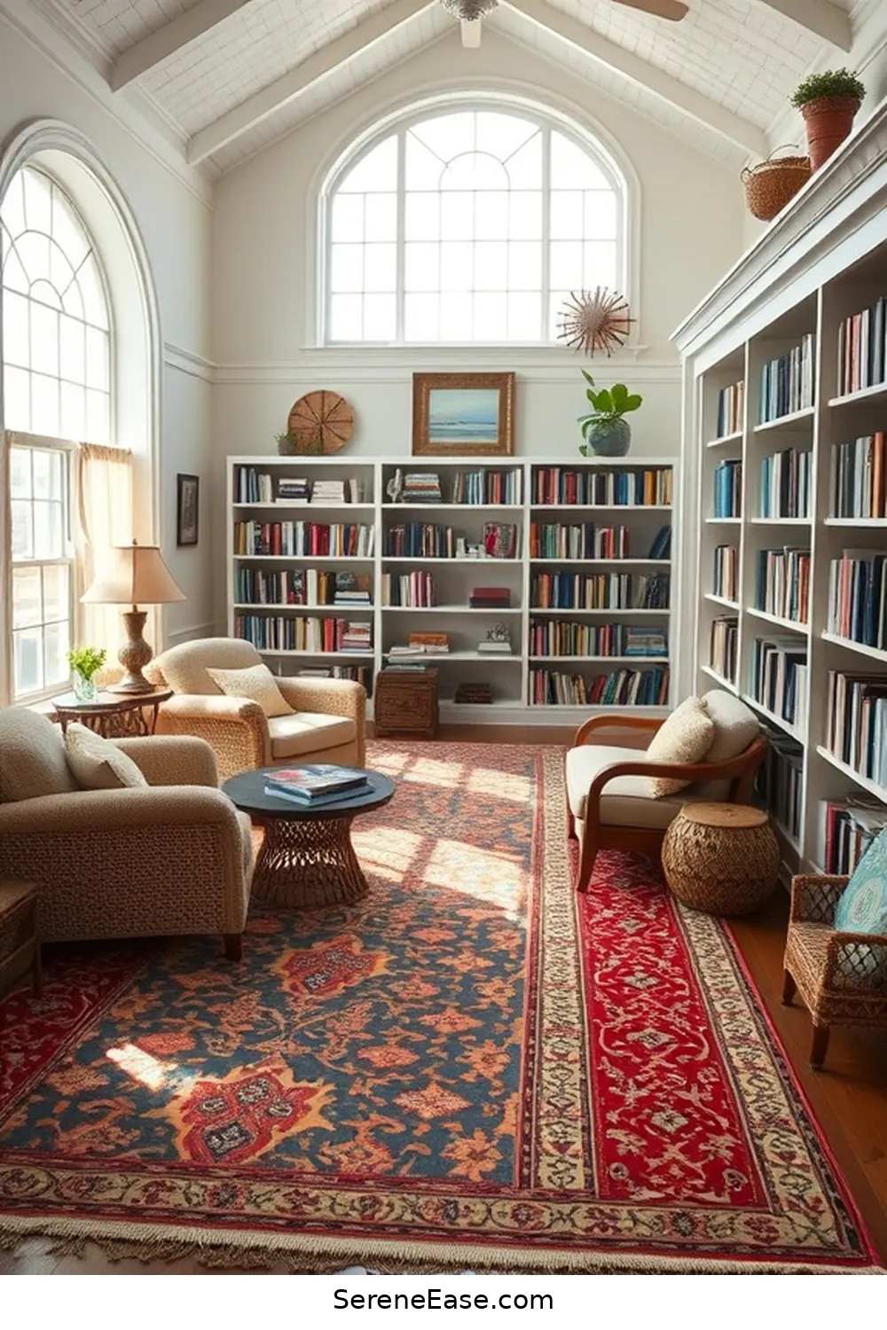 Use Rugs to Define Spaces for 16 Ways to Achieve Bold and Bright Coastal Library Style