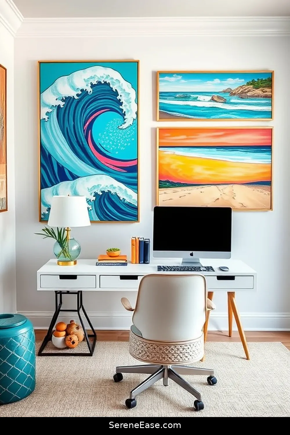 16 Ways to Achieve Bold and Bright Coastal Style in Your Home Office 5 Add Coastal-Inspired Artwork for 16 Ways to Achieve Bold and Bright Coastal Style in Your Home Office