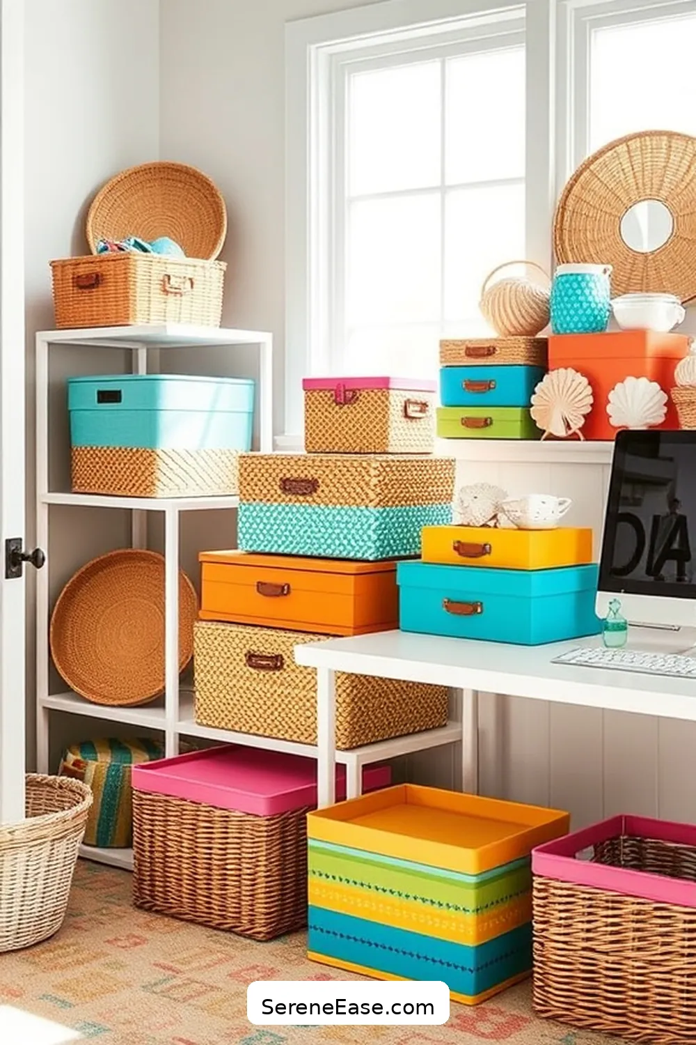 16 Ways to Achieve Bold and Bright Coastal Style in Your Home Office 11 Use Decorative Storage Solutions for 16 Ways to Achieve Bold and Bright Coastal Style in Your Home Office
