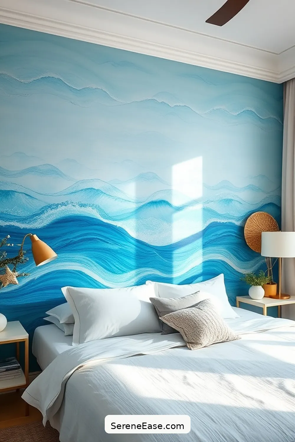 16 Ways to Achieve Monochromatic Coastal Style in Your Bedroom 13 Create a Statement Wall for 16 Ways to Achieve Monochromatic Coastal Style in Your Bedroom