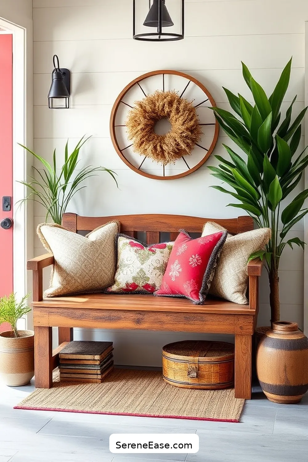 16 Ways to Achieve a Bold and Bright Entryway in Modern Farmhouse Style 12 Add a Bench for Practicality and Comfort for 16 Ways to Achieve a Bold and Bright Entryway in Modern Farmhouse Style