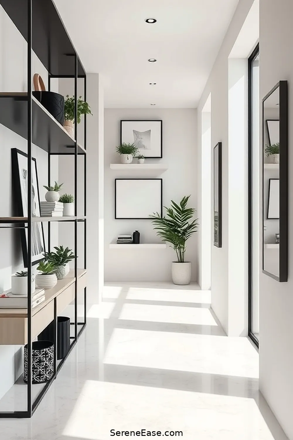 16 Ways to Achieve a Monochromatic Hallway in Minimalist Style 16 Implement Open Shelving for 16 Ways to Achieve a Monochromatic Hallway in Minimalist Style