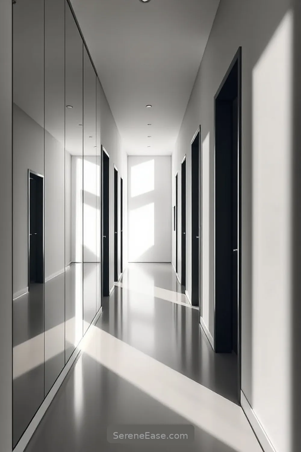 16 Ways to Achieve a Monochromatic Hallway in Minimalist Style 17 Use Mirrors to Enhance Space for 16 Ways to Achieve a Monochromatic Hallway in Minimalist Style